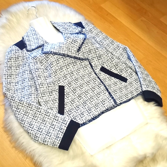 Chico's Moto Tweed Trim Detail Navy Jacket - Picture 10 of 15